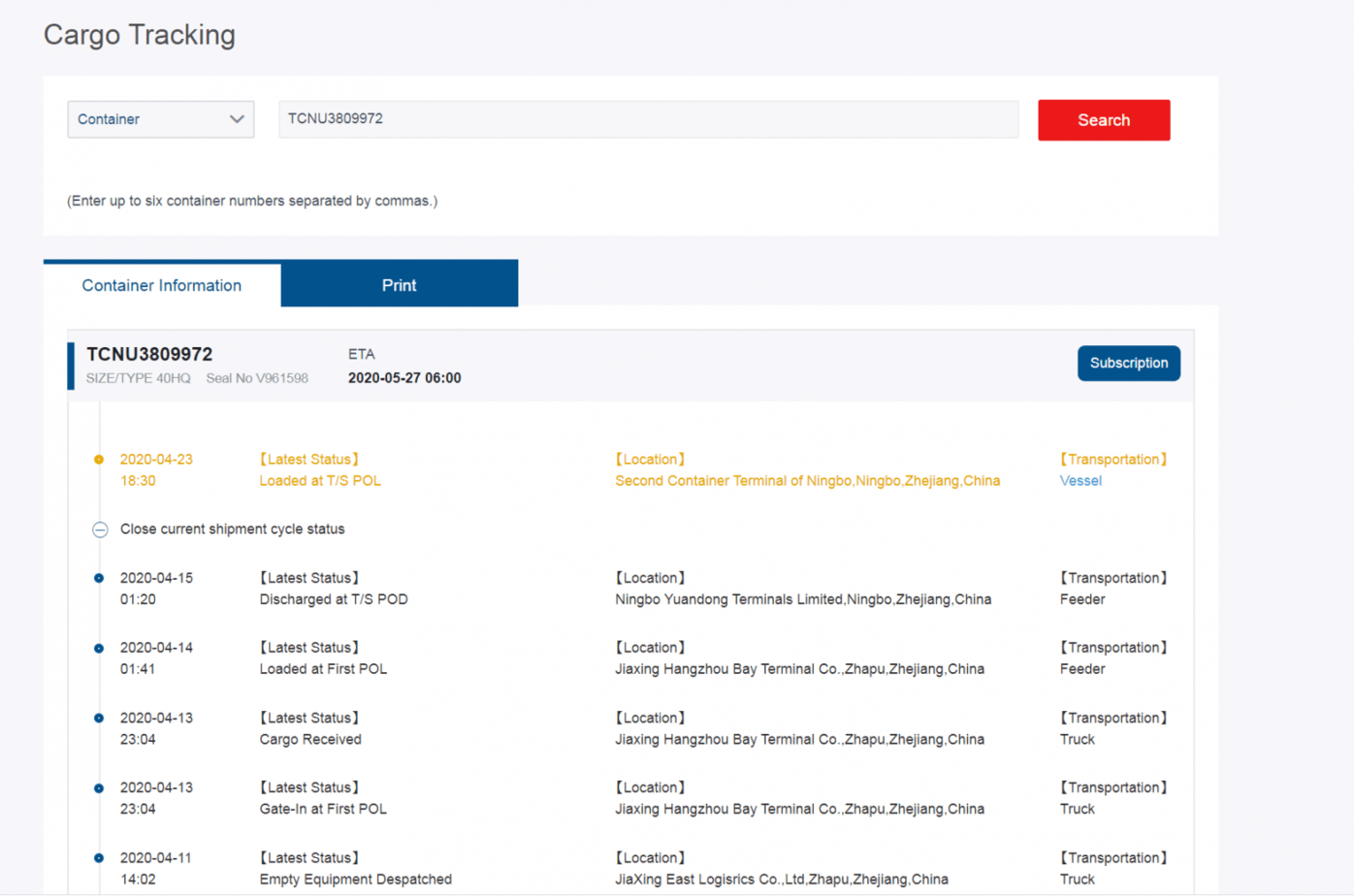 using this way, just shows container movement, not show any ETA date